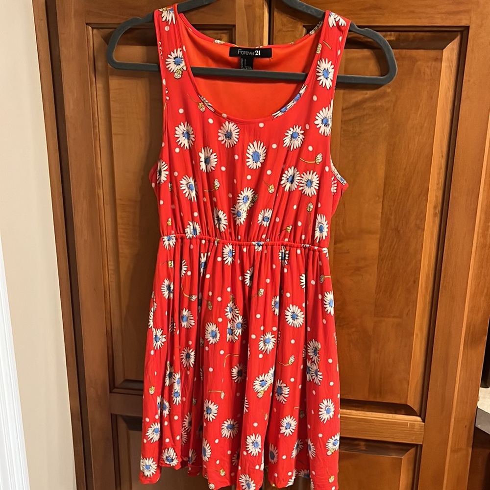 Red Polka Dot Daisy Floral Sleeveless Lined Dress